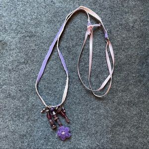Purple Flower Necklace with Leather & Ribbon; 22”